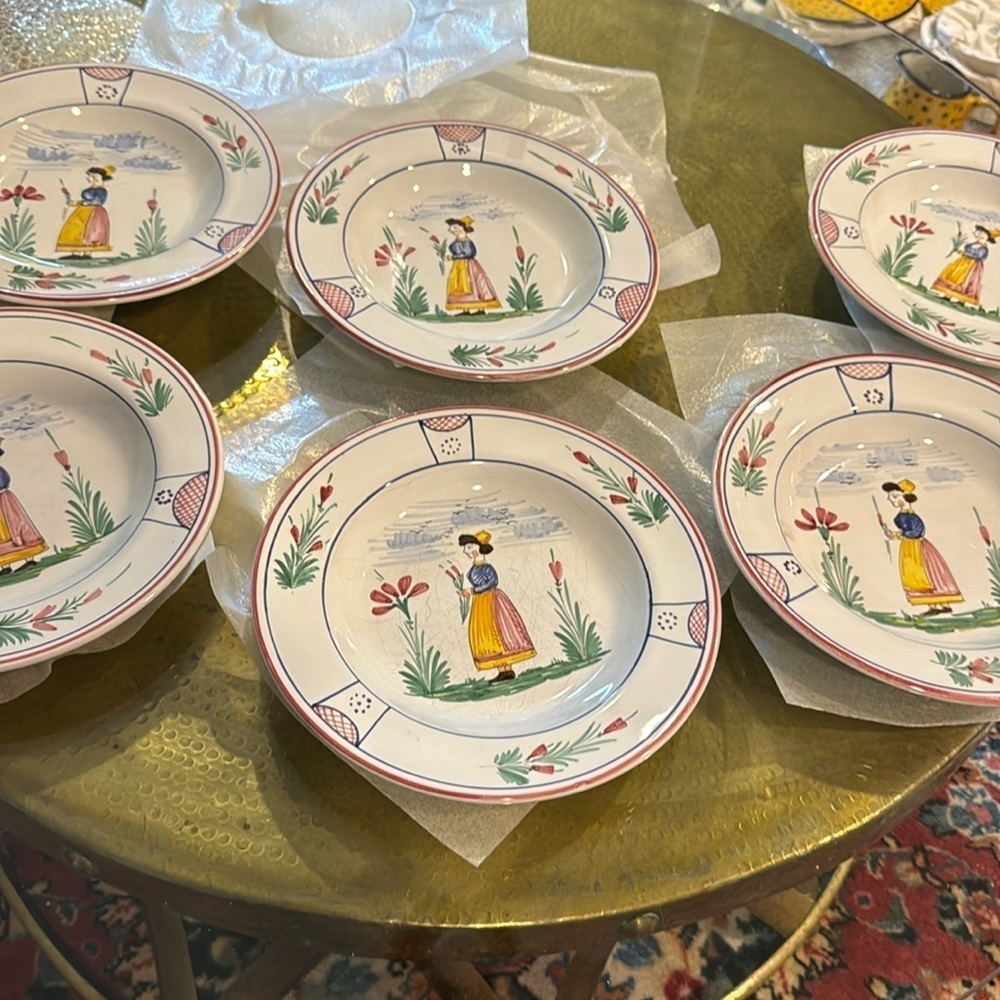 6 Sberna Deruta Italy Quimper Style Pottery Round Bowls 10 inch. Set of Six